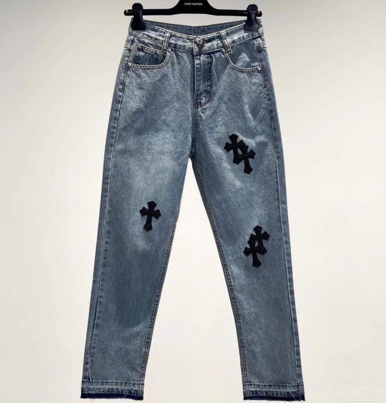 Buy Replica Chrome Hearts Leather Cross Denim Jeans In Blue - Buy ...